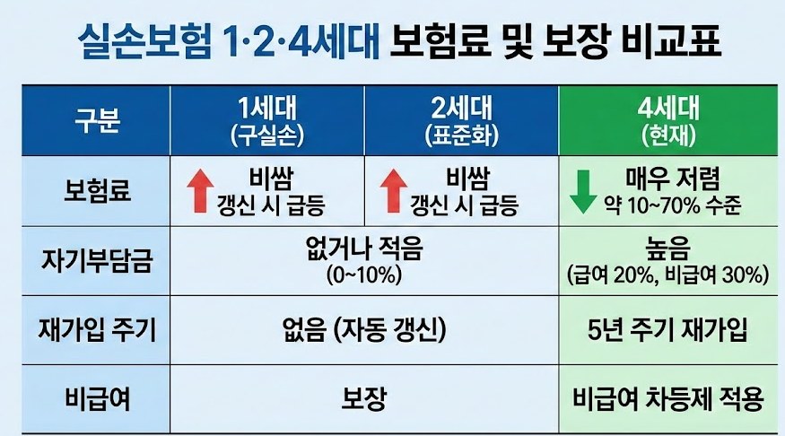 1세대 2세대 4세대 실손보험료 및 보장비교표