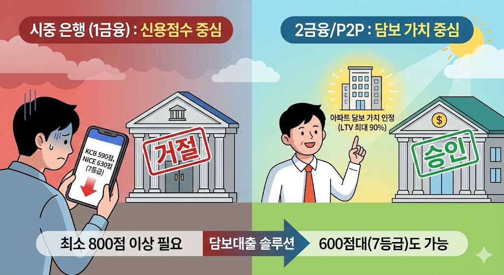 시중은행 신용대출 거절 vs 저신용자 아파트담보대출 승인 비교 (신용 7등급 600점대 가능)