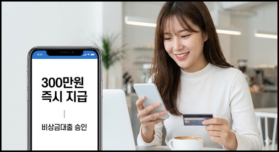 소득 증빙이 어려운 무직자, 주부, 대학생이 모바일 비상금대출로 최대 300만 원 승인을 확인하고 기뻐하는 모습.